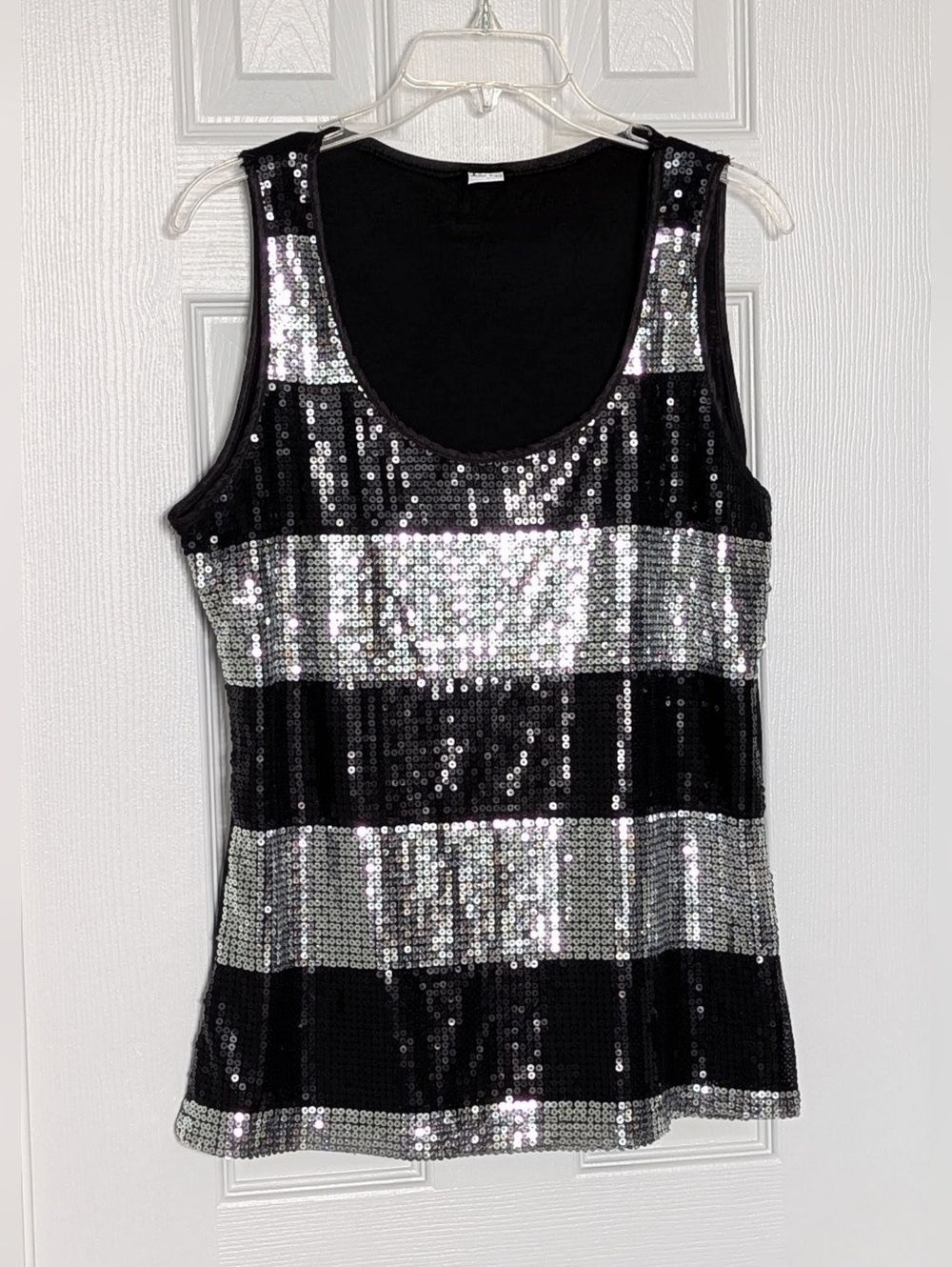 Debbie Shuchat Women's (Large) Black & Silver Striped Sequin Sleeveless Tank Top - Picture 3 of 15